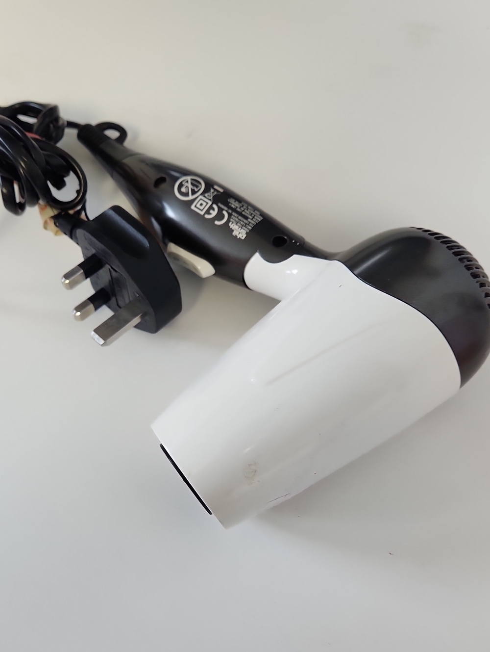White and Black Compact Travel Hair Dryer with UK Plug